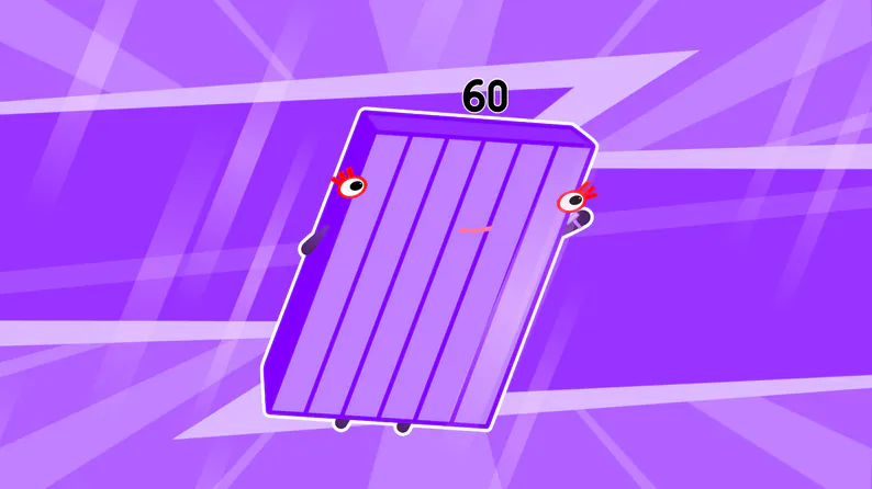 A purple Numberblock 60 character in a bright scene