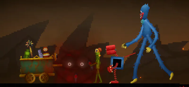 Crossover characters Official crossover scene with Huggy Wuggy and other characters in Melon Sandbox.