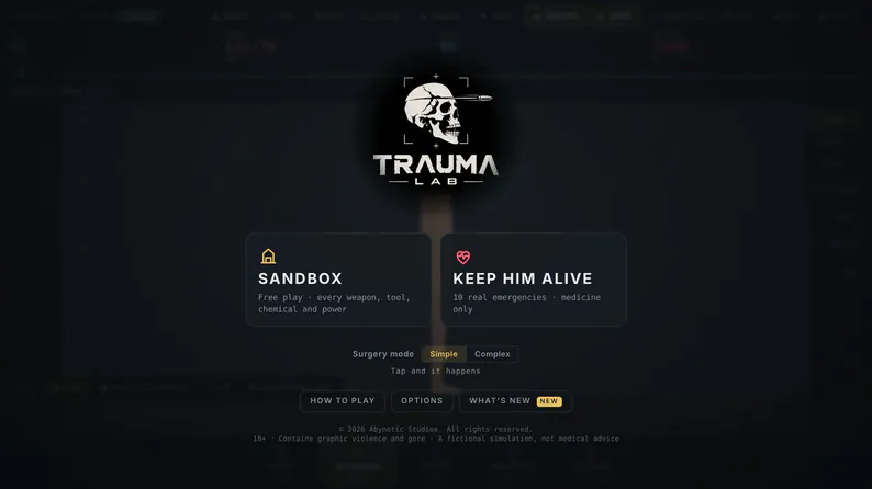 Trauma Lab menu showing Sandbox, Keep Him Alive, and Simple/Complex surgery choices.