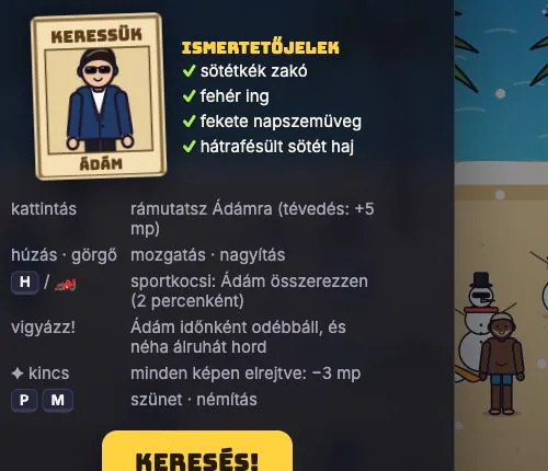 A játék célkártyáján Ádám sötétkék zakóban, fehér ingben és fekete napszemüvegben látható; mellette szerepelnek a hajára és ruhájára vonatkozó nyomok.
