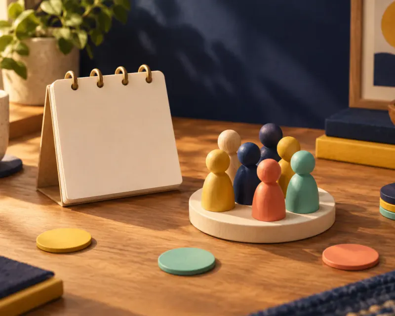 A blank calendar beside a tile crowded with wooden player figures