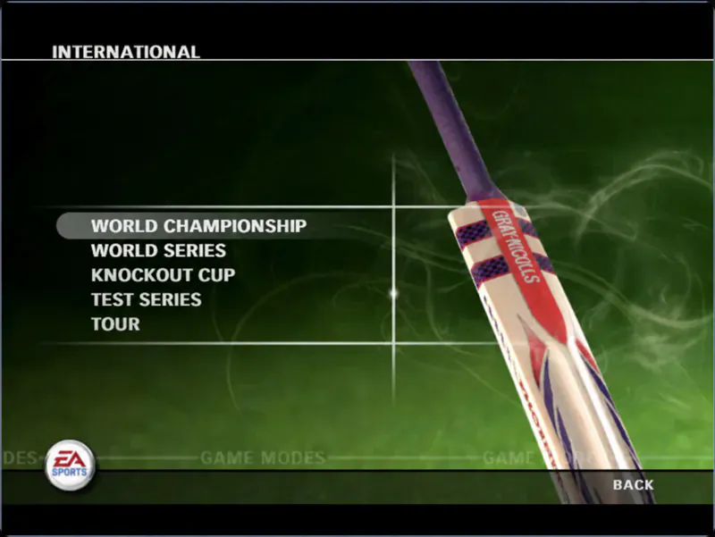 International competitions Cricket 07 International menu listing World Championship, World Series, Knockout Cup, Test Series, and Tour.