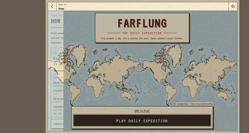 Farflung help screen over a world map, with the daily expedition start button and map attribution visible