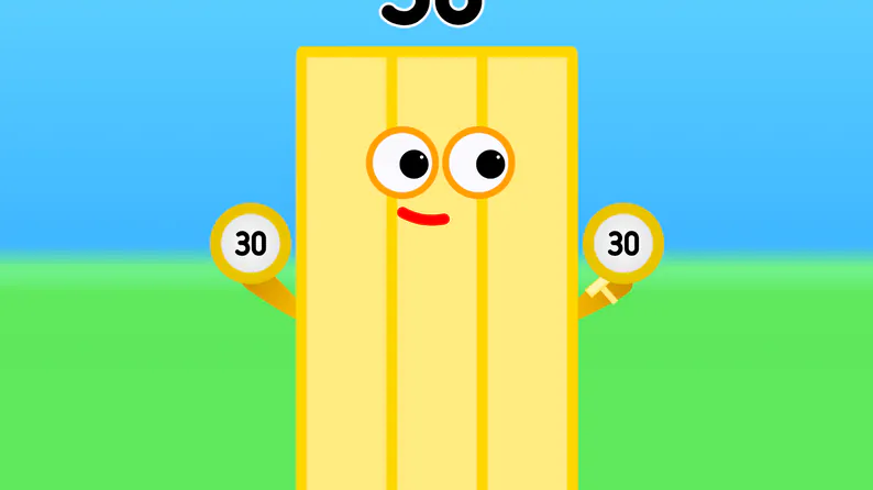 Numberblock 30 shown against a bright blue background