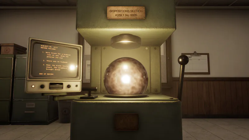 Case review terminal A glowing soul is beside a terminal displaying fragments of a life record.