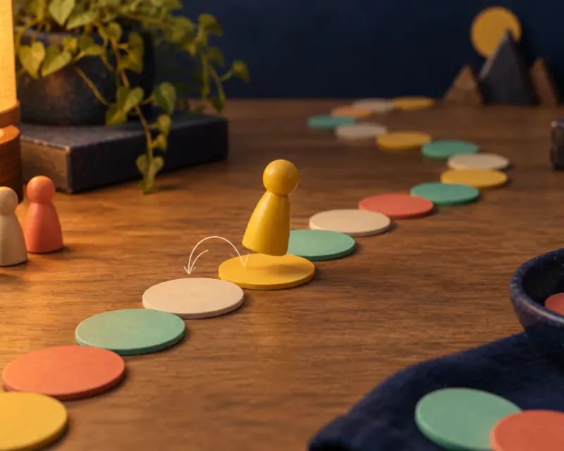 A wooden figure moving along a winding path of colored answer tiles