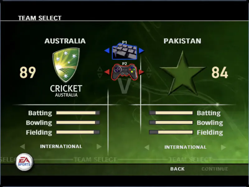 Team Select Cricket 07 Team Select screen showing Australia against Pakistan with batting, bowling, and fielding rating bars.
