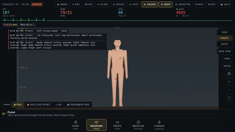 Gameplay view with pulse, blood pressure, oxygen, blood volume, tracked wound notes, and ammunition options.