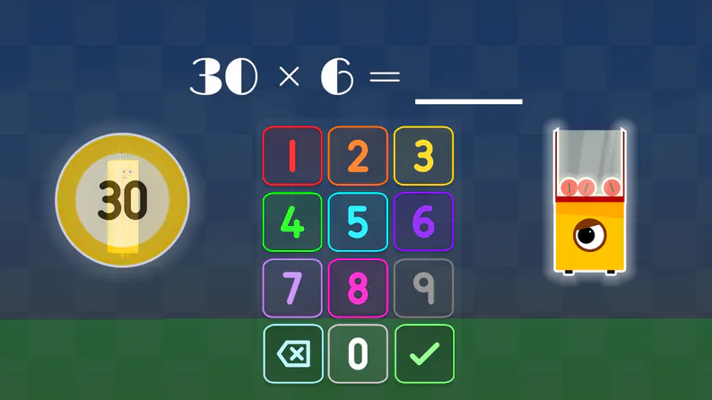 A 30 times 6 question with number buttons and a checkmark