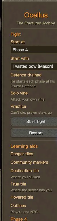 Ocellus trainer settings with phase, equipment, practice mode and tile markers