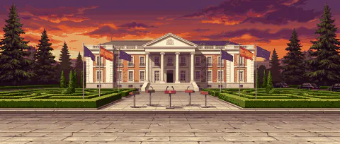 Palacio de la Moncloa Escenario de lucha en pixel art con el rótulo Palacio de la Moncloa.