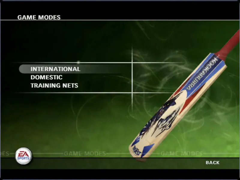 Game Modes Cricket 07 Game Modes screen with International, Domestic, and Training Nets options beside a cricket bat.