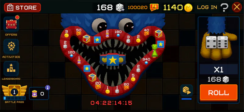 Halloween event board Halloween board-game interface with a Roll button and reward spaces.