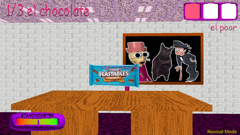 Mesa y contador de chocolates Escena de juego del mod con una mesa y el contador de chocolates del HUD