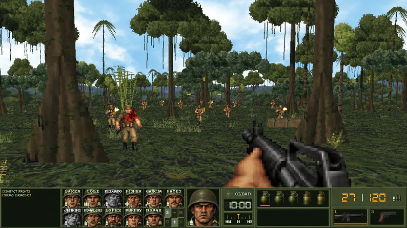 Jungle battle First-person view of a squad in jungle terrain