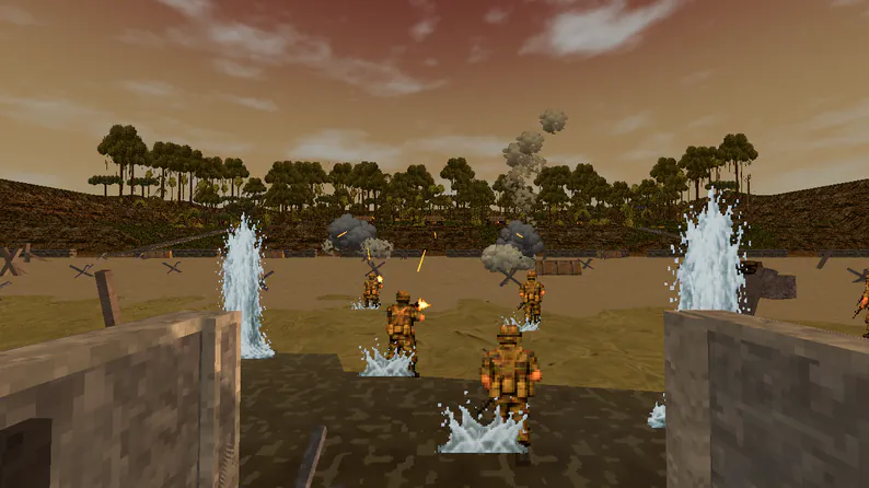 Landing Soldiers approaching a shore under fire